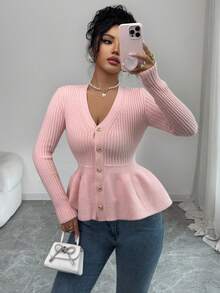 Elenzga V-Neck Slimming Patchwork Floral Hem Asymmetric Button Women Cardigan - Pink - View 6