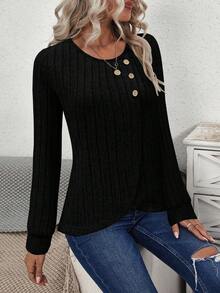 SHEIN LUNE Pull-over femme à manches longues, en tricot moelleux, couleur unie, avec ourlet peplum, décontracté. Nouveau pour l'automne/hiver - Noir - Voir 5
