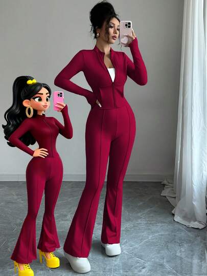 INAWLY Women's Tight-Fitting Zip-Up Cropped Top Jacket & Flared Pants 2 Pieces Set