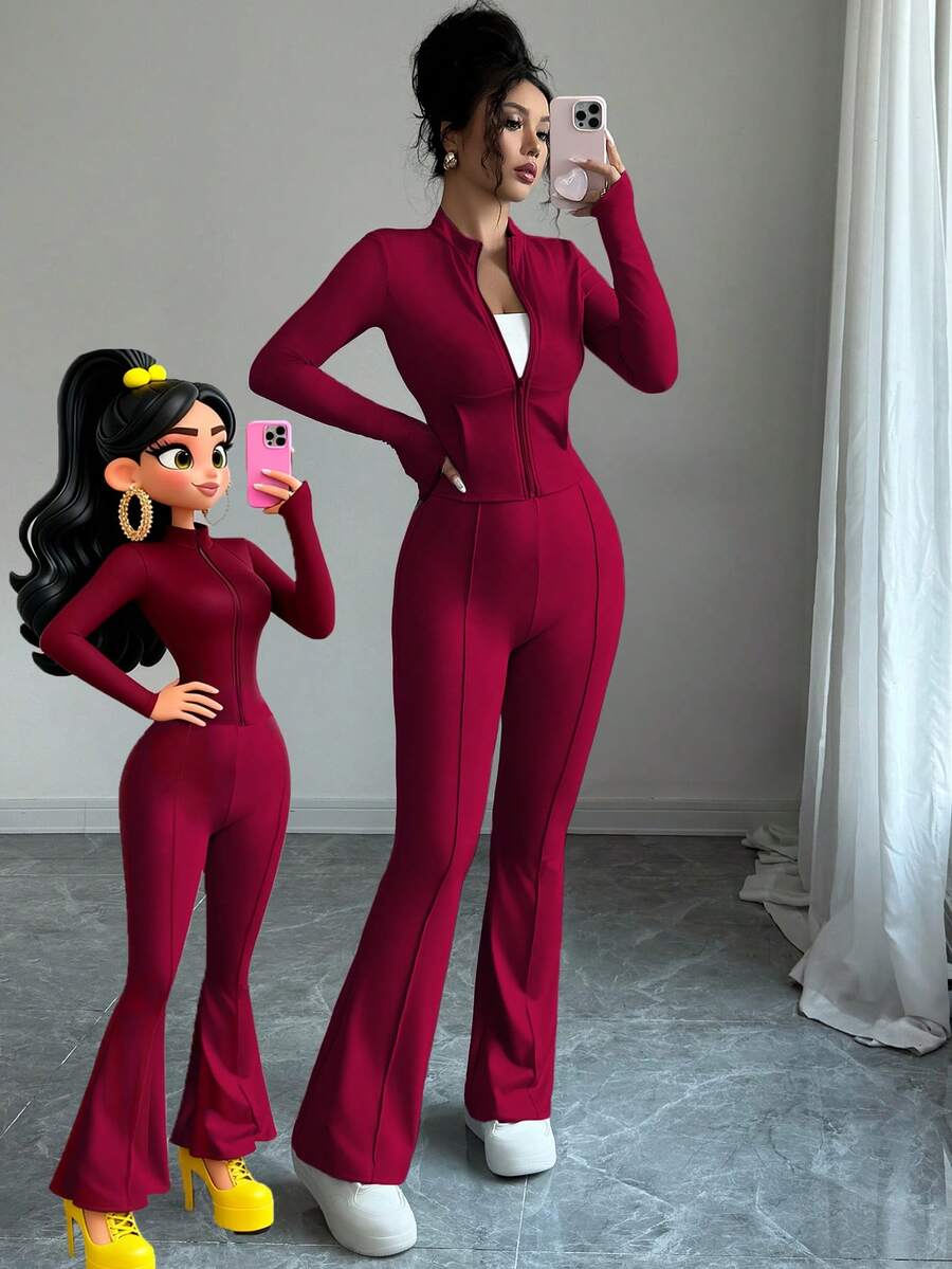 INAWLY Bộ 2 món áo crop top bó sát có khóa kéo và quần ống loe cho nữ - Màu Đỏ Sâu - Xem 1