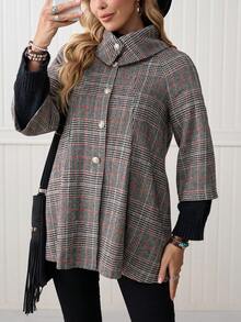 LanaWest Women's Gray Traceable Plaid Fabric High Collar Lapel Metal Button Design Loose Hem 3/4 Sleeve Elegant Classy Thanksgiving Halloween Streetwear Casual Boho Autumn/Winter New Fashion Versatile Loose Woolen Jacket - Orange - View 1