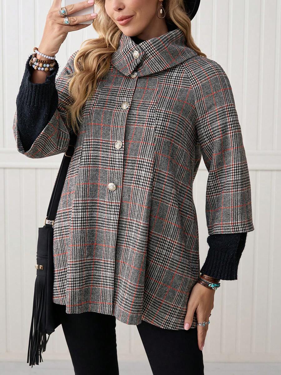 LanaWest Women's Gray Traceable Plaid Fabric High Collar Lapel Metal Button Design Loose Hem 3/4 Sleeve Elegant Classy Thanksgiving Halloween Streetwear Casual Boho Autumn/Winter New Fashion Versatile Loose Woolen Jacket - Orange - View 1