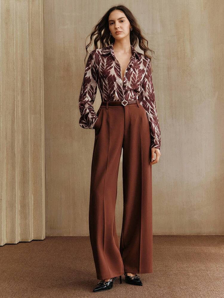 ヴィンテージエレガントツリーシャドウプラントリーフトロピカル柄シフォンシアーゆったりロング袖レディースブラウス、秋冬、クリスマス、新年、エレガント、ラグジュアリー、シック、カジュアル、ビジネスに適しています