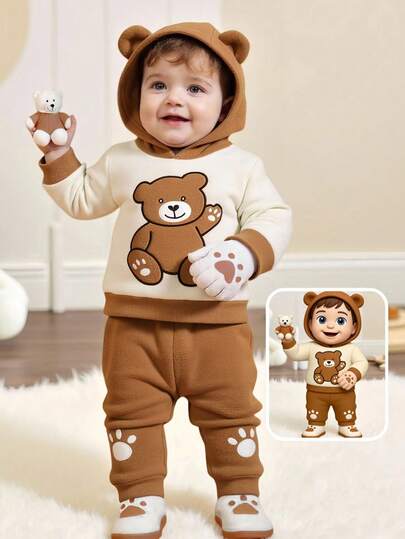 SHEIN 2pcs Baby/Baby BoyPlush Flannel Hoodie Sweatshirt With Bear Embroidery & Elastic Waist Pants Set, Children Clothing, Infant/Toddler Outfit, Suitable For Autumn/Winter, 6M-3T Baby Cartoon Clothes Baby Unisex Clothes Sets Brown Toddler Outfit Baby Teddy Bear Outfit