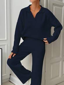 EURMUSE Woman Loose Fit Comfy Warm Thick Polo Neck Sweater And Pants Co-Ords Two Piece Set - Navy Blue - View 9