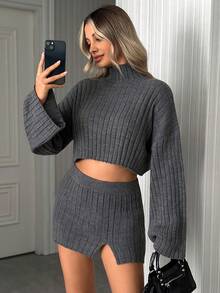 EURMUSE Women High Neck Flare Sleeve Loose Fit Cozy Crop Sweater And Sweater Mini Skirt 2pcs Set Co-Ords Casual - Grey - View 1