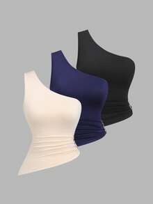 Sweetra Bộ áo cánh trang trí khóa kim loại lệch vai mới cho nữ, phù hợp cho kỳ nghỉ biển mùa xuân/hè - Nhiều màu - Xem 3