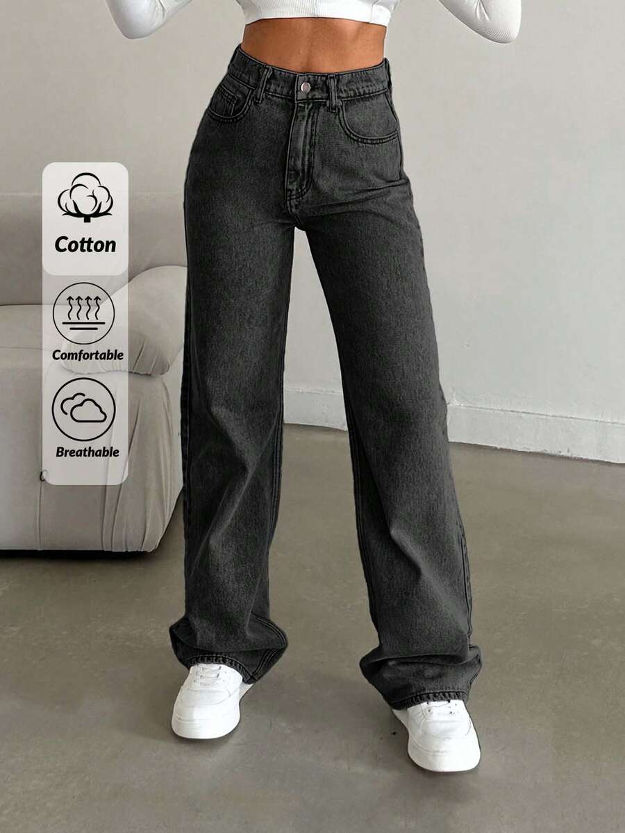 SHEIN Cottnline Snow Wash Straight Leg Jeans High Rise ,Petite Women - Dark Grey - View 1
