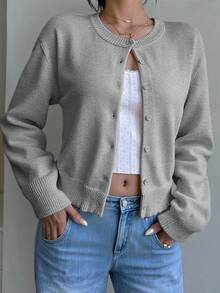 SHEIN 青少年女孩針織開襟衫 休閒純色圓領長袖寬鬆短版女款開襟毛衣，保暖舒適，慵懶時尚，日常通勤秋冬服飾 - 灰色 - 查看 7