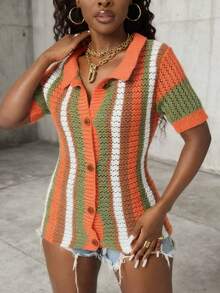 Rovax Women's Striped Short Sleeve Single-Breasted Casual Knit Cardigan - Orange - View 5