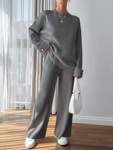 EURMUSE Women Button Detailed Sweater And Pant Set - Light Grey - View 3