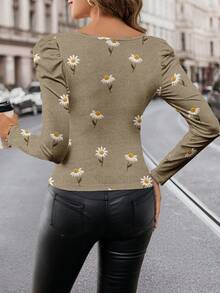 SHEIN Clasi 复古雏菊印花泡泡袖方领上衣 - 彩色 - 查看 2