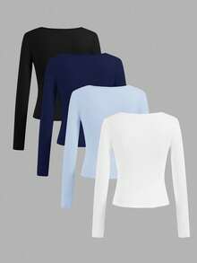 SHEIN Essnce Bộ 4 áo thun cổ vuông tối giản thường ngày dành cho nữ, màu trơn, thích hợp mặc mùa thu/đông, mặc nhiều lớp, mặc ngoài trời, áo lót - Nhiều màu - Xem 2