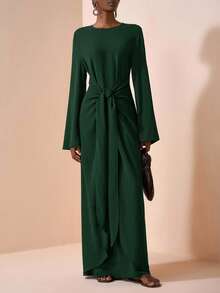 Zivah 2025夏初秋新款，适合生日派对，毕业季，日常出游，百搭，休闲度假，邮轮旅行，沙滩海边沐浴阳光，网络爆款，休闲优雅，通勤派对，圆领，长袖，喇叭袖口，腰带设计，修身超长连衣裙，女士棕色长裙-A - 橄欖綠 - 查看 1