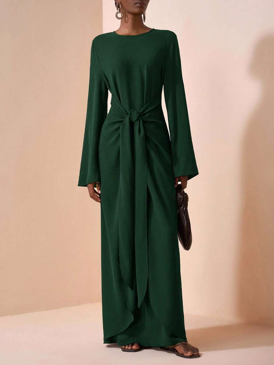 Zivah 2025夏初秋新款，适合生日派对，毕业季，日常出游，百搭，休闲度假，邮轮旅行，沙滩海边沐浴阳光，网络爆款，休闲优雅，通勤派对，圆领，长袖，喇叭袖口，腰带设计，修身超长连衣裙，女士棕色长裙-A - 橄欖綠 - 查看 1