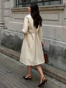 SHEIN Unity Women's Autumn Lapel NeckLong Sleeve Double-Breasted Long PU Leather Trench Coat - Apricot - View 2