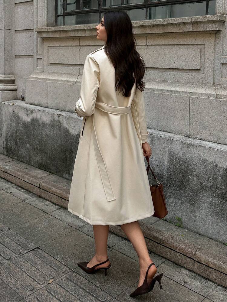 SHEIN Unity Áo khoác dài tay cổ ve lật, hai hàng khuy, chất liệu da PU dành cho nữ - Màu be - Xem 2