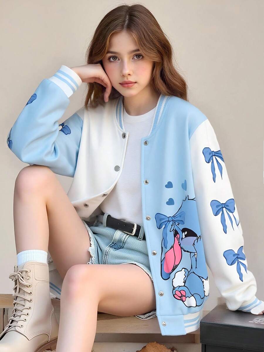 Sparklyn Tween Girls' Casual Fashion Bowknot Cartoon Print Contrast Color Baseball Jacket, Spring/Autumn