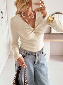 Siren Gaze Women's Cream White Elegant T-Shirt,V-Neck Metal Decor Long Sleeve Ribbed Slim-Fit Stretch Top,Autumn Everyday Modest Casual Top For Office & Brunch - Apricot - View 1