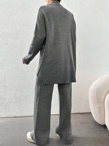 EURMUSE Women's Loose Casual Knit Sweater 2pcs/Set - Dark Grey - View 4