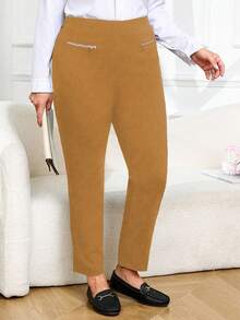 Pantalones casuales de unicolor para mujer de talla grande, versátiles para el transporte - Amarillo - Ver 3