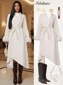 Rafferiza Abrigo largo de mujer de unicolor minimalista, otoño/invierno - Beis - Ver 1