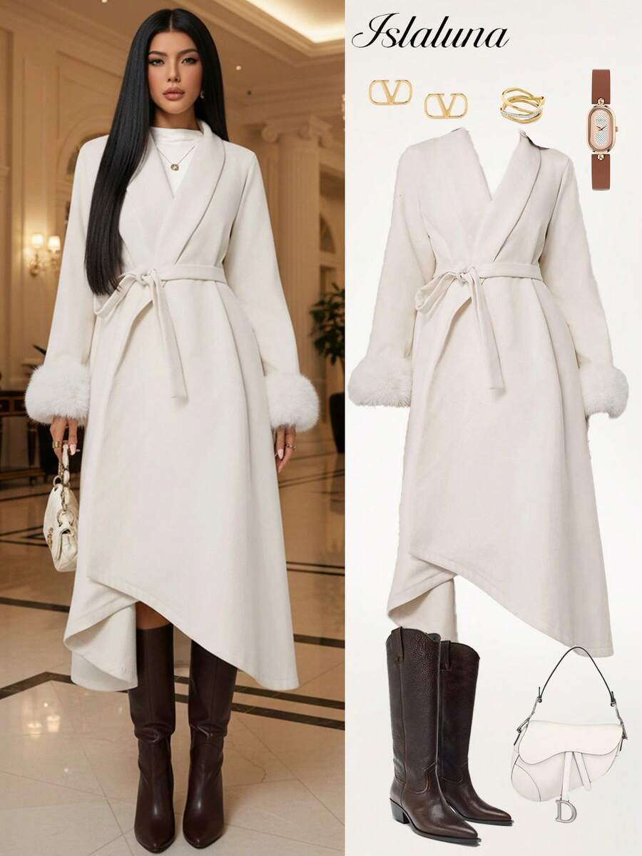 Rafferiza Abrigo largo de mujer de unicolor minimalista, otoño/invierno - Beis - Ver 1
