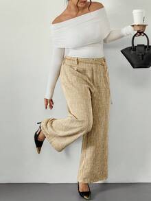Firerie Pantalones casuales elegantes a juego para mujer de talla grande con cadena metálica y decoración de botones, adecuados para el trabajo, la oficina, el transporte, otoño/invierno - Caqui - Ver 6