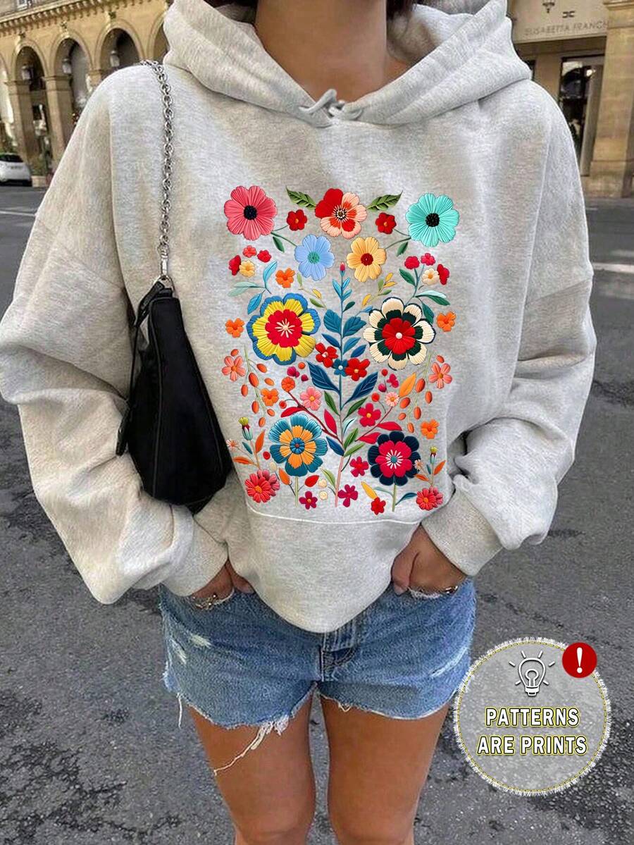 SHEIN Women Floral Print Dropped Shoulder Long Sleeve Loose Fit Hoodie Sweatshirt Pullover Fall