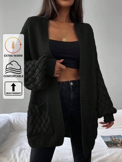 EURMUSE Dual Pocket Cardigan, Ladies Winter Casual Pocket Drop Shoulder Oversized Black Plain Women Cardigans, Casual Daily Wear