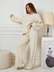 EURMUSE Women's Cable Knit Drop Shoulder Sweater And Pants Two Piece Set - Beige - View 3