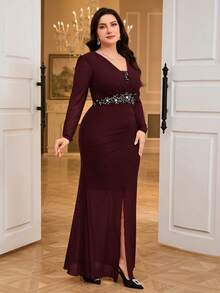 Modelyn Vestido plus size elegante com strass e cintura dividida, manga comprida, outono - Rosa Quente - Ver 3