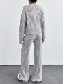 EURMUSE Cardigan com zíper e ombros caídos e calças de malha - Cinza claro - Ver 2