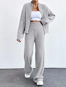 EURMUSE Cardigan com zíper e ombros caídos e calças de malha - Cinza claro - Ver 6