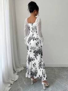 Elenzga 新款女式方领蝴蝶结雪纺泡泡袖设计连衣裙，适合约会、聚会、日常穿着，收腰，修身，优雅，青春，长裙，适合春、夏、秋季 - 黑色 - 查看 2