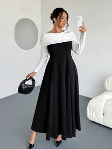 Firerie Plus Size Elegant Sophisticated Romantic Charming Formal Off-Shoulder Ruched Drawstring Waist A-Line Flare Hem Bodycon Long Sleeve Dress, Suitable For Dates, Parties, Balls, And Everyday Wear, New Design For Autumn/Winter - Black and White - View 7