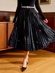 Vintamour Women's Black Velvet Pleated Skirt,Autumn Classy Elegant Party Vintage Long Skirts,Winter For New Year,Fitted Classic Elegant Party Skirt - Black - View 5