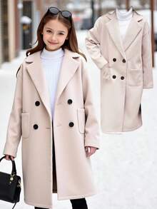 SHEIN Tween Girls Lapel Neck Drop Shoulder Double Breasted Dual Pocket Overcoat, Late Fall Casual Double Button, Pocket Drop Shoulder Lapel Regular Fit Beige Plain Overcoats, Casual Daily Wear Girl Coat Tween Dress Coat Fall Coat For Tween Girls Girl Winter Clothes - Apricot - View 13