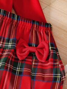 2pcs/Set Baby Girls' Ruffle Long Sleeve Top Bow Red Plaid Skirt Set, Autumn Cute Modest Fashionable Casual School Style Matching Family Outfit - Red - View 5