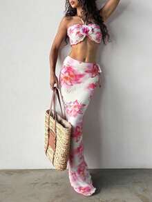 SHEIN Swim 3 件套女士花卉印花荷叶边泳衣套装，搭配夸张花朵网眼长裙 - 彩色 - 查看 1