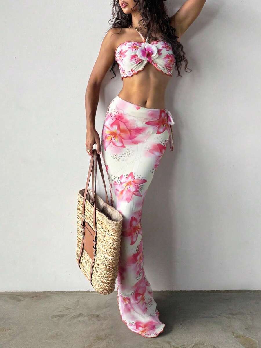 SHEIN Swim 3 件套女士花卉印花荷叶边泳衣套装，搭配夸张花朵网眼长裙 - 彩色 - 查看 1