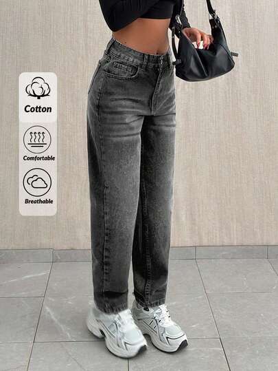SHEIN Cottnline JEAN MAMÁ DE TIRO ALTO GRIS OSCURO CON JACRON BLANCO