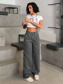 EURMUSE HIGH WAIST CASUAL STYLE DENIM STRAIGHT - Light Grey - View 5