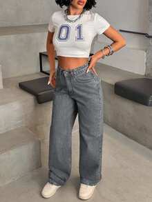EURMUSE HIGH WAIST CASUAL STYLE DENIM STRAIGHT - Grey - View 3