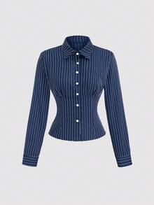 Sweetra 时尚撞色纹理纽扣修身腰部修身条纹领长袖女式衬衫 - 藍色 - 查看 8