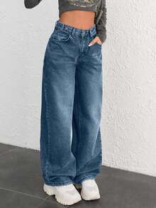 SHEIN Cottnline JEAN DE PIERNA ANCHA CON BOTONES DE CINTURA ALTA 100% ALGODÓN - Azul lavado oscuro - Ver 4
