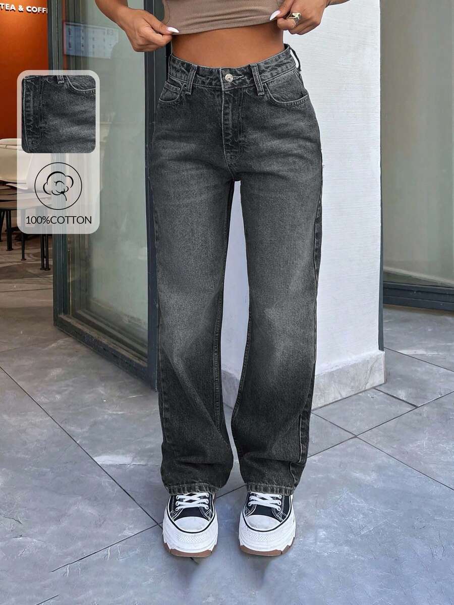 EURMUSE 100% Cotton HIGH RISE STRAIGHT CUT Y2K STYLE JEAN - Light Grey - View 1