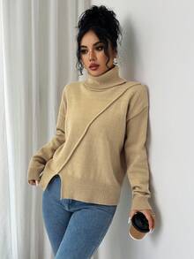 SHEIN Elenzya Women's Turtleneck Ribbed Slit Casual Elegant Pullover Sweater, Autumn/Winter - Apricot - View 6