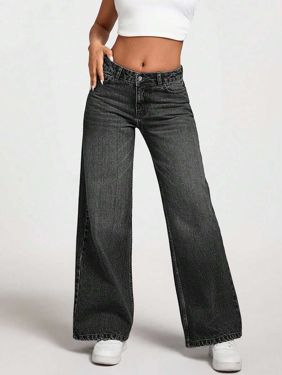 EURMUSE Quần jean ống đứng túi xéo giặt thường ngày cho nữ - Màu xám đen - Xem 1