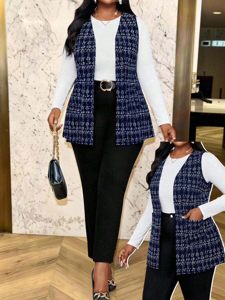 SHEIN Lady 2025新款海军蓝加大码复古休闲格子开襟无袖外套,秋冬女装新年时尚系列 - 藏蓝色 - 查看 1
